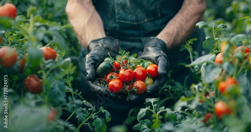 Unidentified chef picking ripe vegetables in a organic farm surrounded by scenic landscapes