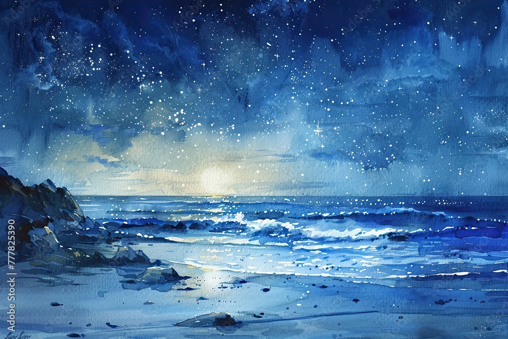 Seeing through the stars: watercolour landscape of the starry sky, warm shades of colours immerse in the majesty of the universe and evoke a sense of awe at its mysterious beauty.