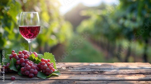 Wineglasses and Grapes on Wooden Table in Rural Scene