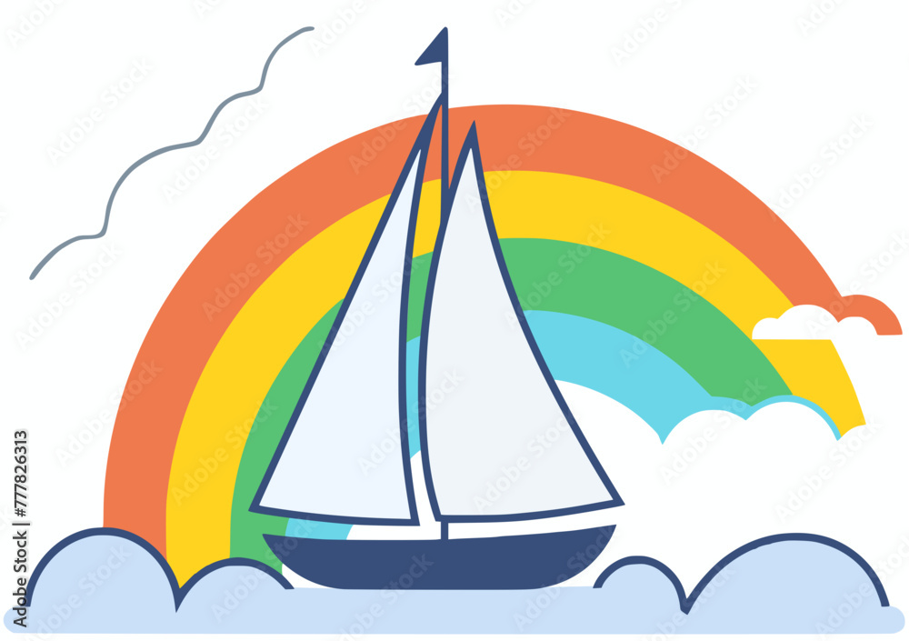 A flat illustration sailboat with rainbow and cloud effect