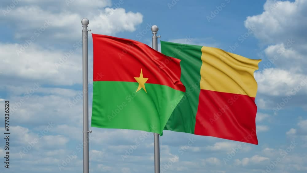 Burkina Faso and Benin two flags waving together, looped video Burkina Faso and Benin two flags waving together, looped video