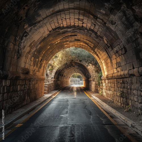 Sunlit Tunnel on a Tranquil Road - Architectural Beauty and Journey Concept