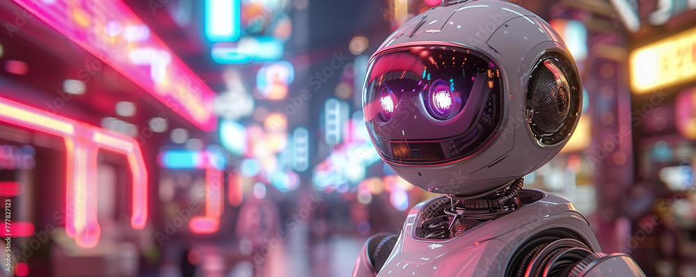 Robot assistant, sleek metal body, Bipedal droid navigating a bustling ...
