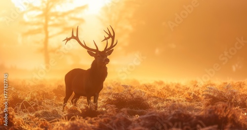 Red Deer Stag Silhouette in Misty Forest Setting