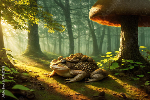 A frog sitting on a mushroom in a forest.