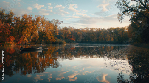 Calm Lake with Canoe and Autumn Trees Reflecting in Water at Dusk