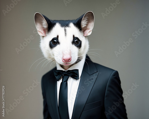 A rat in a tuxedo standing on a gray background. photo