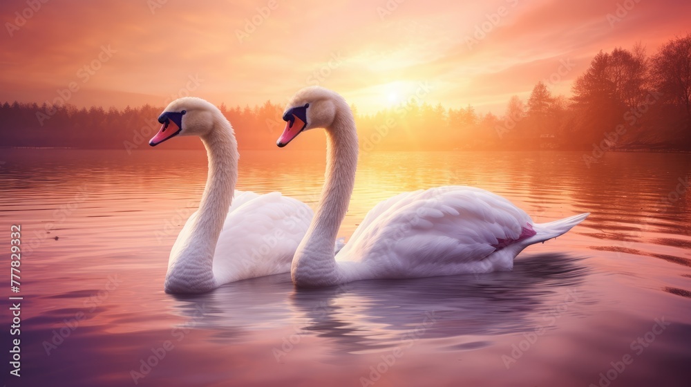 A serene sunset reflecting on a group of graceful swans swimming on a calm lake. A serene sunset reflecting on a group of graceful swans swimming on a calm lake.