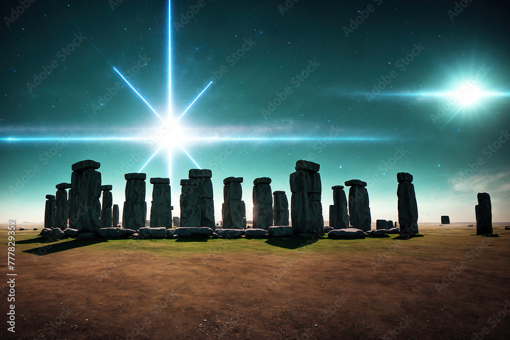 A group of standing stones in a field, with the sun shining down on them.