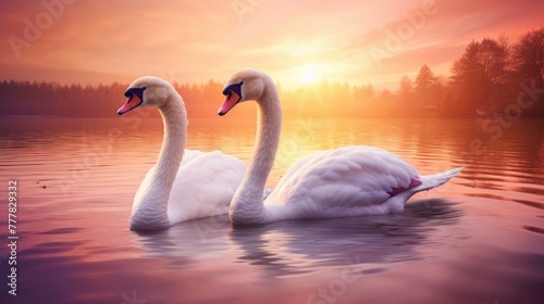 Fototapeta Naklejka Na Ścianę i Meble -  A serene sunset reflecting on a group of graceful swans swimming on a calm lake.