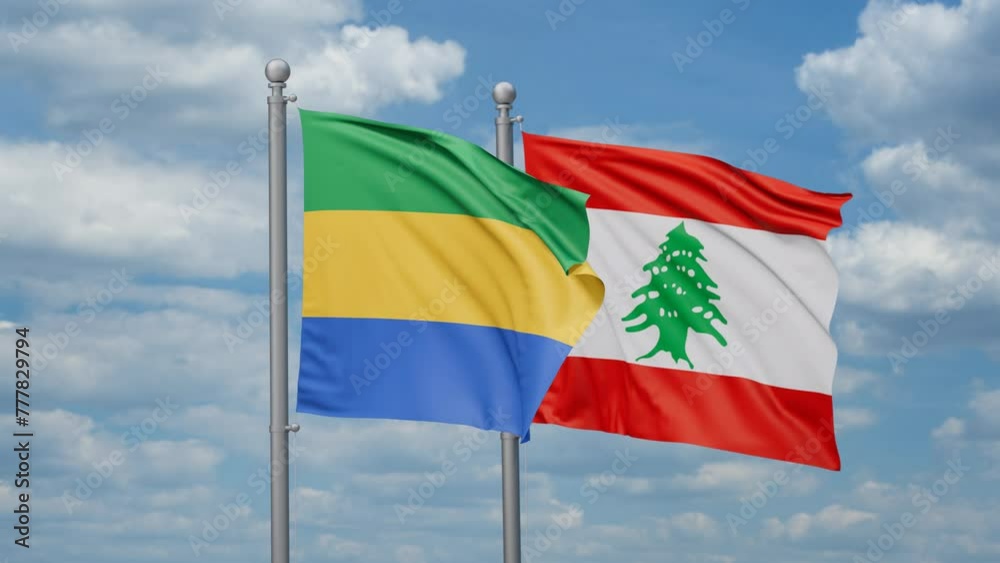 Lebanon and Gabon two flags waving together, looped video, two country cooperation concept
