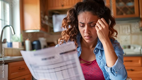 Middle aged African American woman sitting in her kitchen stressing out over an unpaid bill