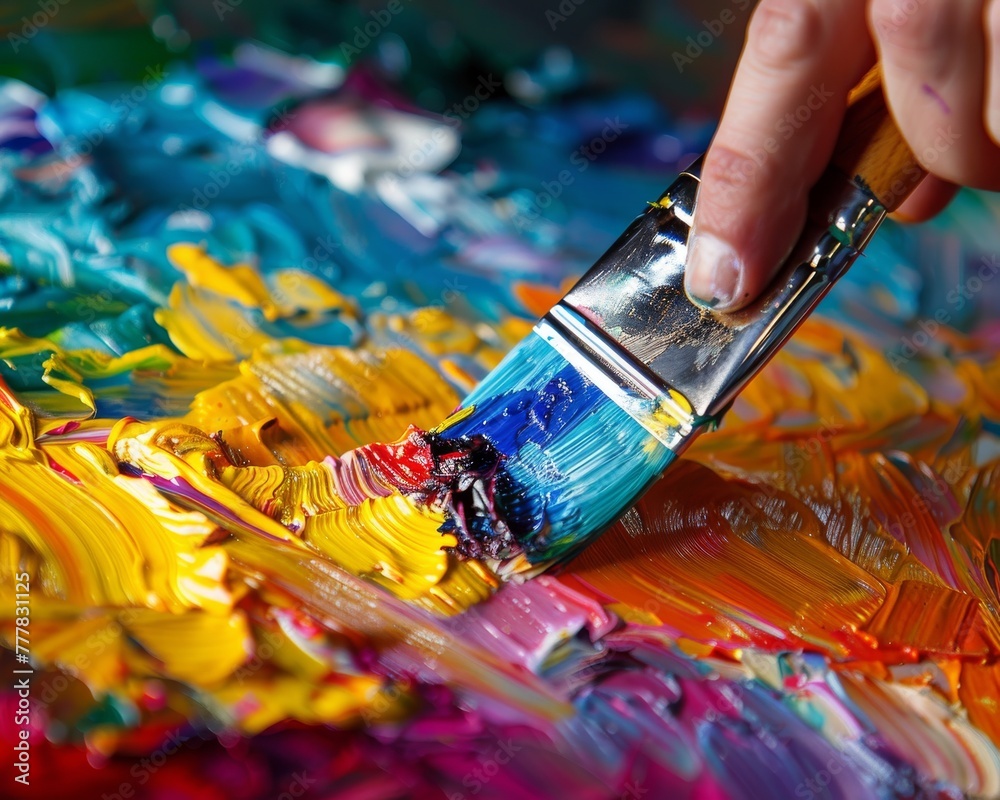 Fototapeta premium Abstract art making, close-up on a palette knife spreading vibrant paint, the emotion in color