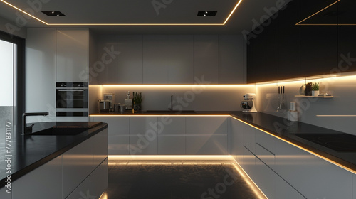 A vertical shot of a kitchen with a high-contrast design  featuring jet black countertops against white minimalist cabinets  