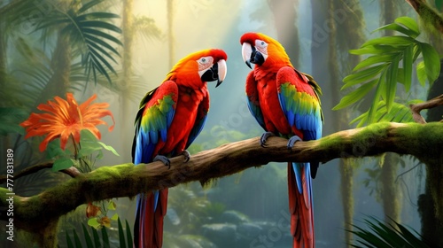 blue and yellow macaw in the jungle, Colorful macaws gracefully sitting amidst lush foliage, their vibrant plumage contrasting with the verdant surroundings.
