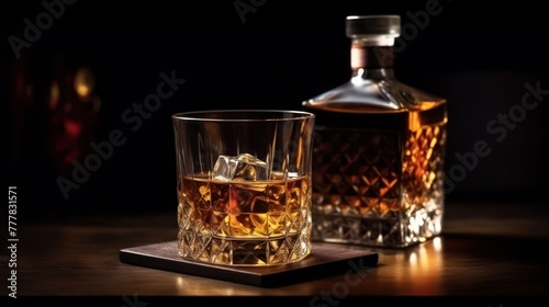 Whiskey with ice cubes in glass and bottle on white table