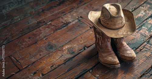 Vintage Cowboy Hat and pair of Weathered Leather Boots on Wood photo