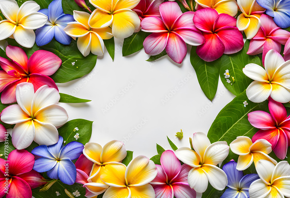 Landscape close-up view of wet plumeria daisy cosmos and periwinkle flowers frame Landscape close-up view of wet plumeria daisy cosmos and periwinkle flowers frame