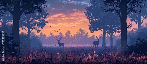 Tranquil Dawn in a Paper Cut Woodland Glade A Graceful Gathering of Deer and Rabbits Among Trees