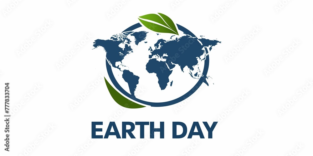 The logo features a stylized world globe map that appears to be wrapped or embraced by a green leaf. world earth day concept, ecology, and sustainability, while the world map suggests