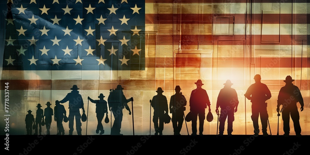 usa labor workers positioning at right of image,shot from behind,usa flag, - obrazy, fototapety, plakaty 