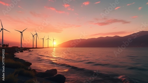 Wind farm field in the sea near the coast, with supply boats near, during sunset with mountains and clear