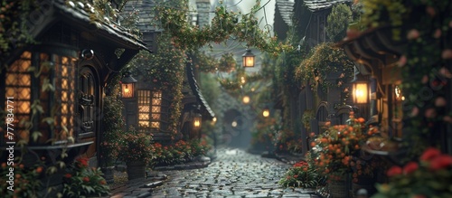 Charming Village Street Illustrated in a Peaceful Bokeh Blur Style