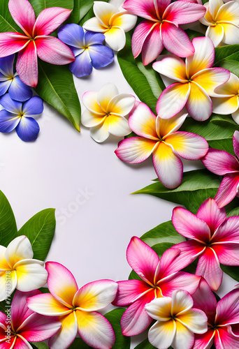 Nice tablet screen view of wet plumeria daisy cosmos and periwinkle flowers frame
