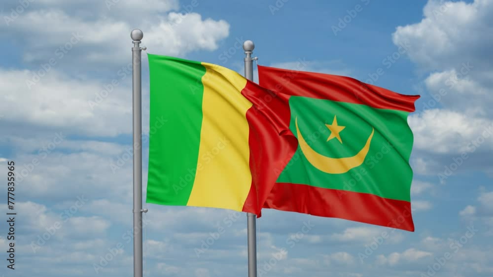 Mauritania and Mali two flags waving together, looped video, two country cooperation concept Mauritania and Mali two flags waving together, looped video, two country cooperation concept