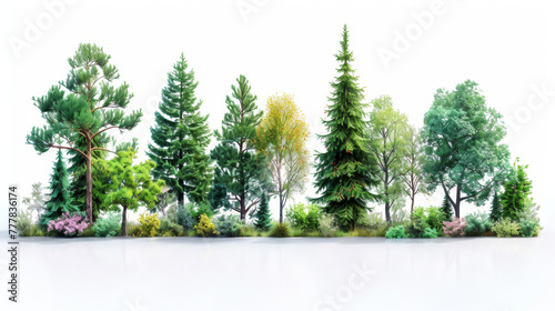 Green tree border. Forest foliage and coniferous plants in row. Mixed wood panorama with stylized fir, poplar trunks and crowns. Flat vector illustration of woodland isolated on white background. photo
