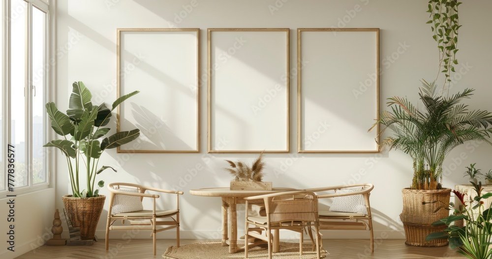 Boho Dining Room with Mockup Frame Sets a Cozy Scene Boho Dining Room with Mockup Frame Sets a Cozy Scene