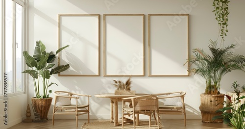 Boho Dining Room with Mockup Frame Sets a Cozy Scene © lander
