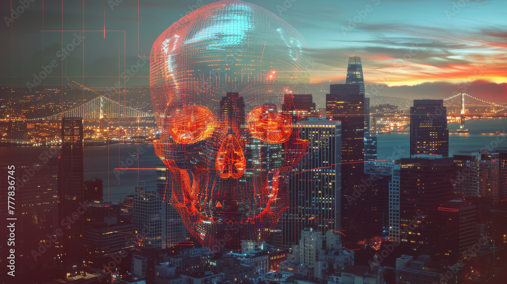 Abstract virtual code skull illustration on San Francisco skyline background.  - obrazy, fototapety, plakaty 