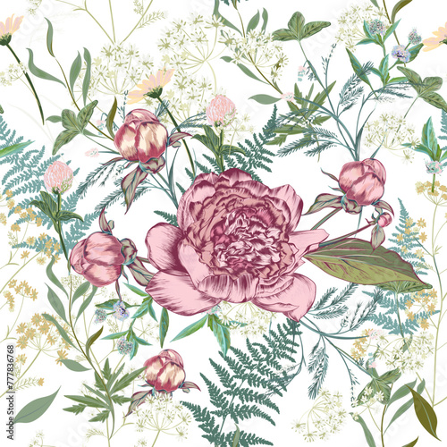 Blooming peony floral pattern with vector green herbs and flowers