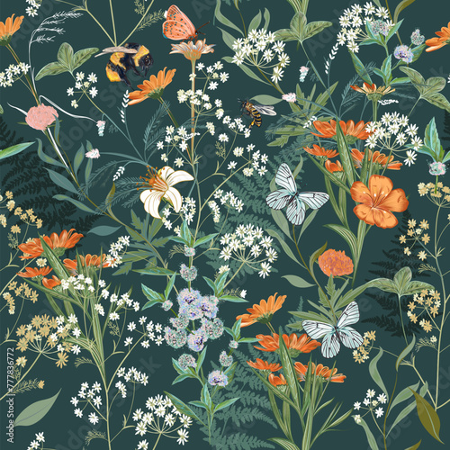 Blooming midsummer floral pattern with vector green herbs and flowers