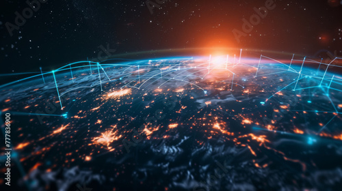 Connection lines Around Earth Globe Futuristic Technology Theme Background with Light Effect 3D illustration/Global International Connectivity Background. 