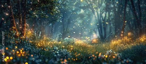 Ethereal Enchantment A Moonlit Forest Glade Aglow with Bokeh Blur Fireflies