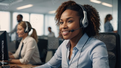 African woman, call center agent or smile with voip for consulting, listening or contact us in office, Female consultant, customer service or tech support crm with headphones, microphone or help desk photo