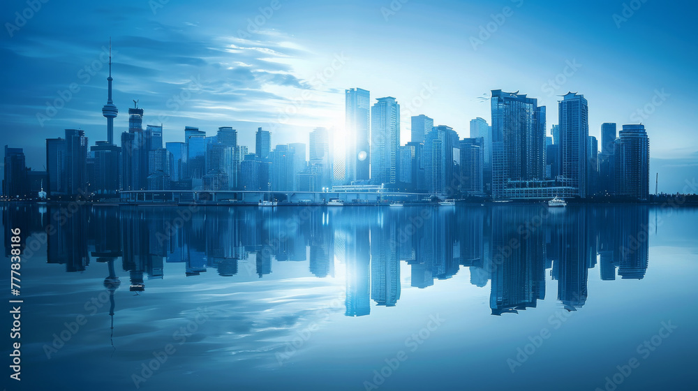 Blue tone panorama of waterfront city skyline with reflection. Image composite. 