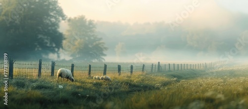Misty Morning on the Farm A Tranquil Scene of Sheep Grazing in a Bokeh Blur Pasture