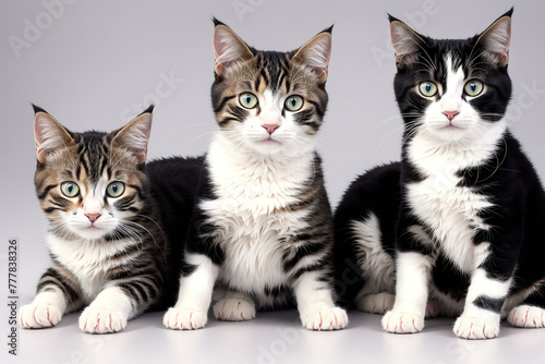 Three kittens sitting on the ground, looking up at the camera.