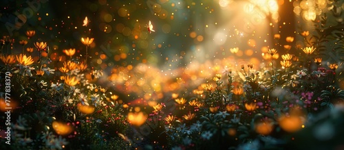 Bokeh Blurstyle Enchanted Forest Glade with Radiant Fairies among the Flowers