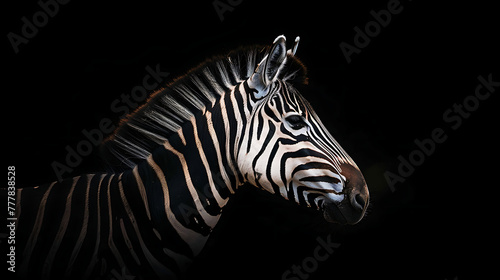 a zebra against a dark background, with its distinctive black and white stripes illuminated dramatically
