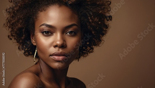 Black woman, beauty and skincare face portrait for natural afro, facial or hair care cosmetics, Healthy, beautiful and assertive model with curly hair shine and texture in brown studio background