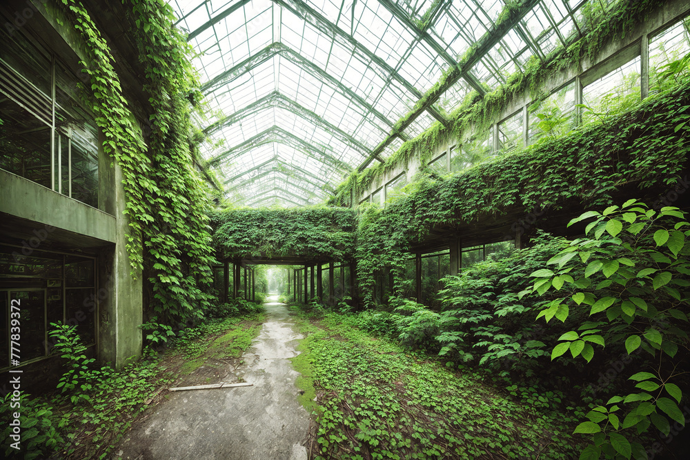 A long, narrow corridor with green plants growing on the walls and ceiling.