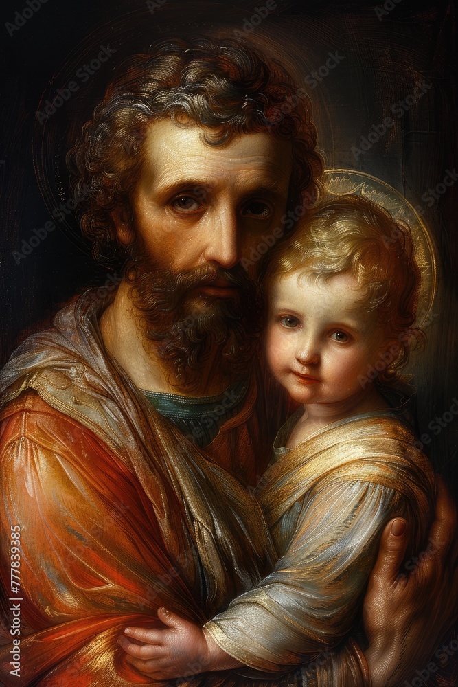 Tenderness of saint Joseph, a touching portrayal of the paternal love and guidance shared between st. Joseph and boy Jesus Christ, capturing a timeless bond of faith and devotion in sacred art