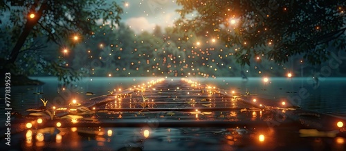 Ethereal Moonlit Lakeside Stroll Tranquil Nighttime Scenery with Bokeh Blur Fireflies