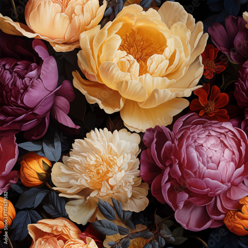 Seamless vintage pattern with colorful peonies. Vector background in oil painting Dutch still life masterpieces style.