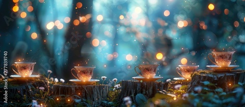 Magical Afternoon Tea Soiree in a Bokeh Blurstyle Secret Garden with Teacups and Saucers on Tree Stumps © Sittichok