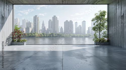 Empty cement floor with lake garden and modern city skyline in background. 